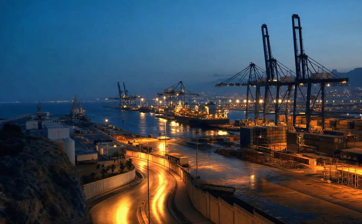 A working port and industrial quay in first light