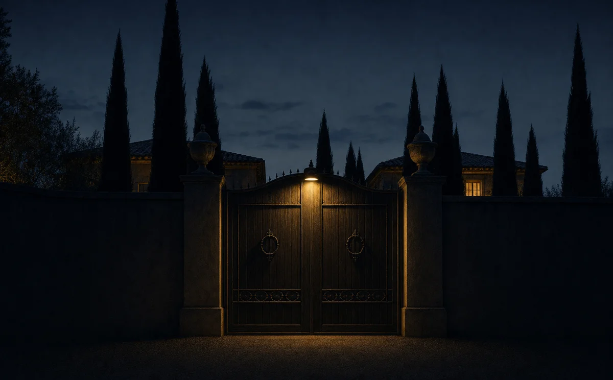 A closed gate in a high wall, cypress behind, at dusk