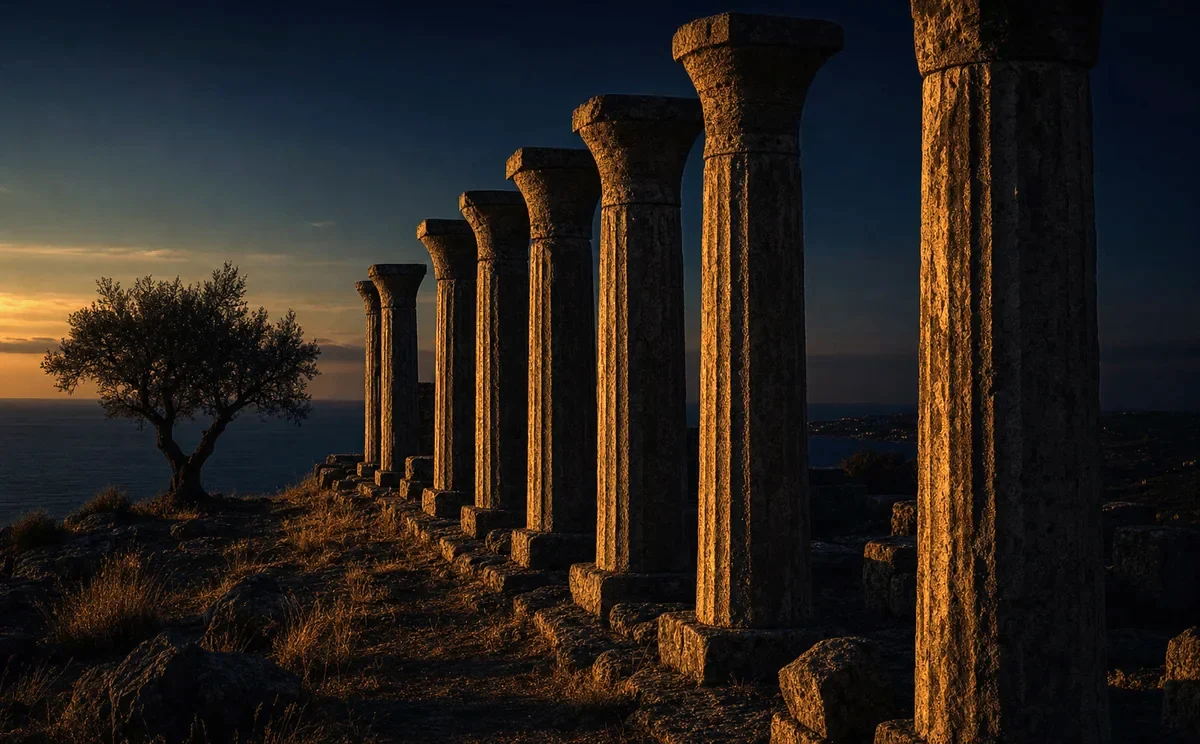 A stone colonnade in low afternoon light