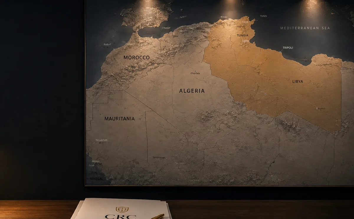 A lit wall map of North Africa above an analyst's desk
