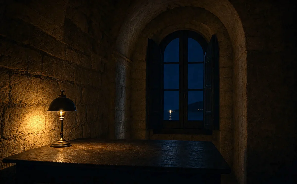 A single lamp lit in a private study at night