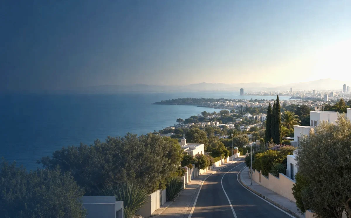A quiet residential road above the bay in early light