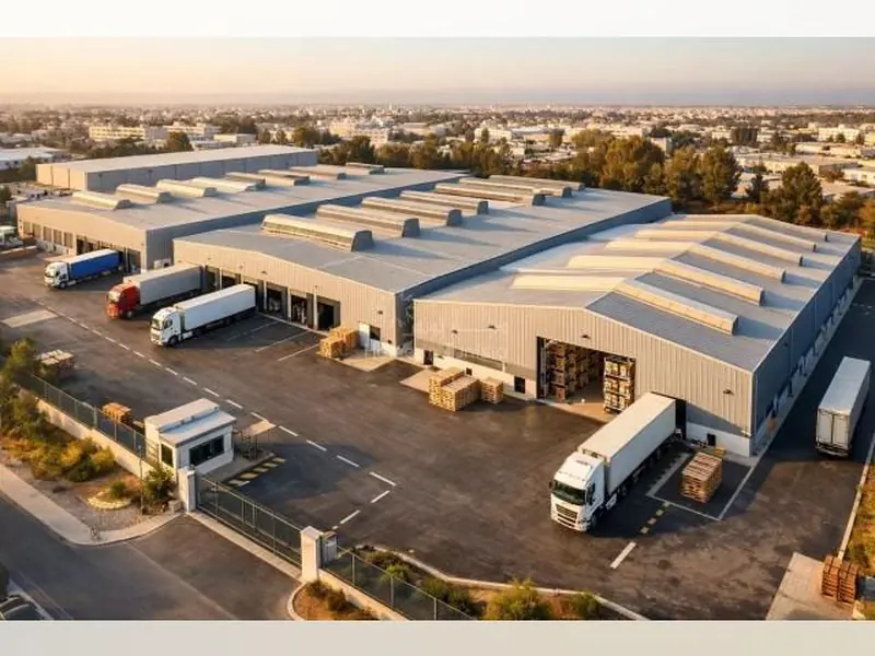 Aerial view of warehouses with lorries at loading bays