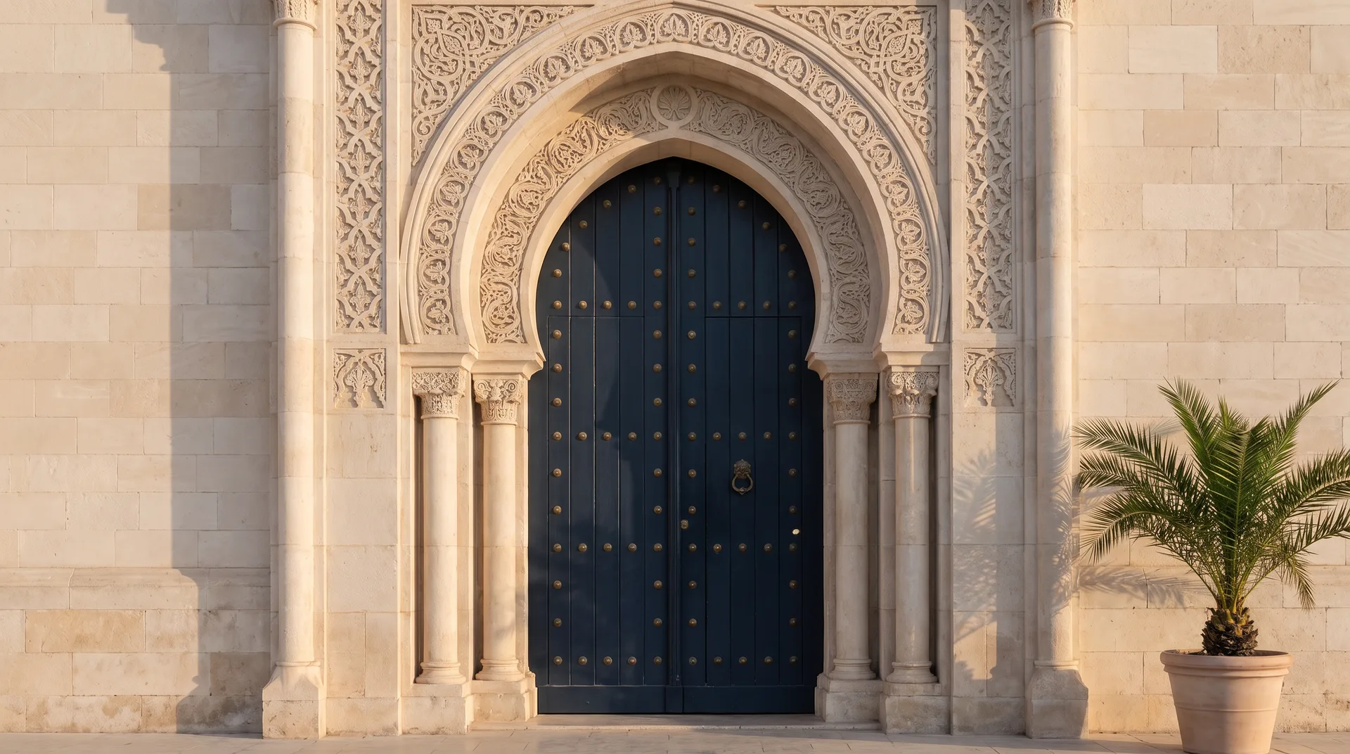 Carved North African arched doorway with a deep navy door