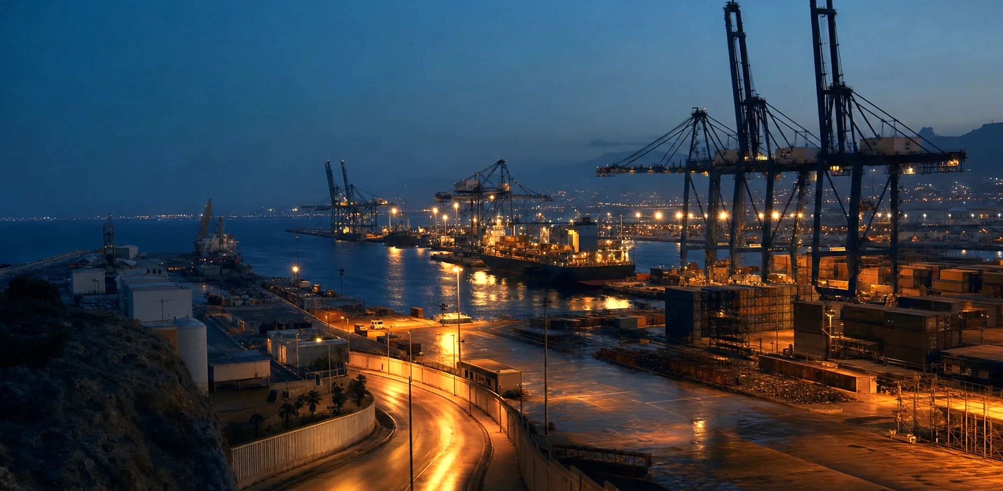A working harbour and industrial quay at first light
