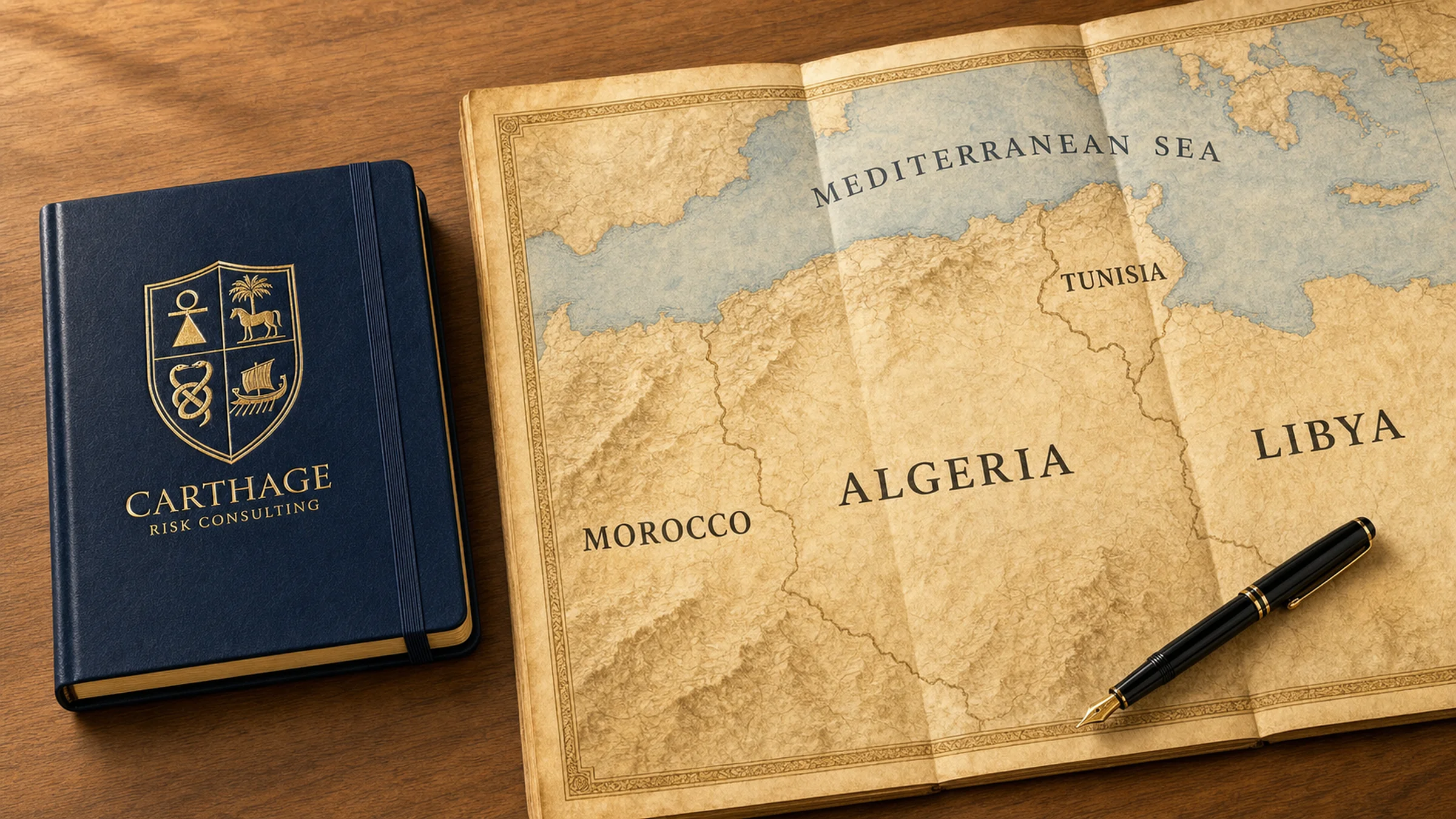 An open regional map of North Africa on a desk with a fountain pen