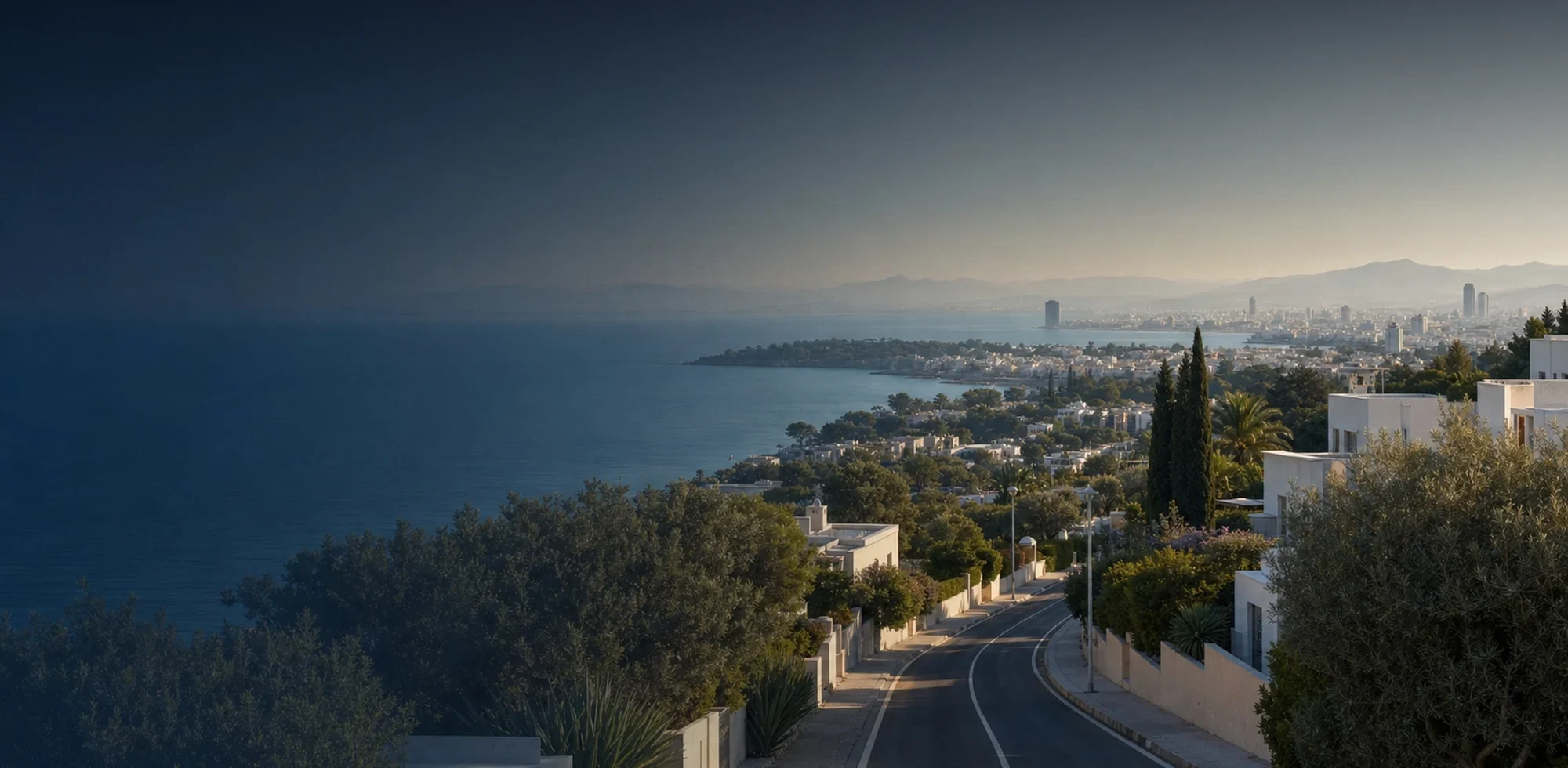 A quiet residential coast road above the bay at first light