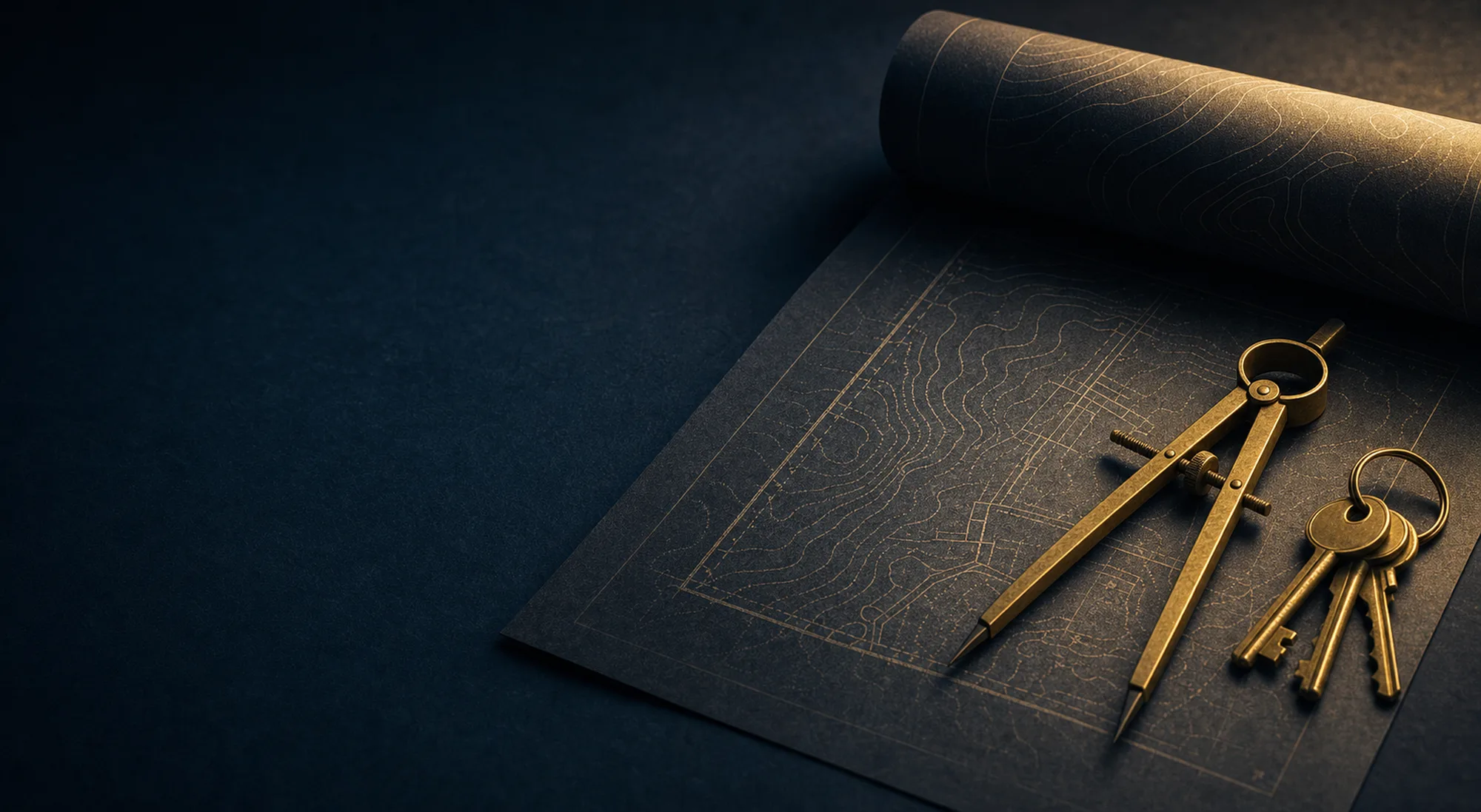 Brass drawing dividers and keys resting on a dark drafting sheet