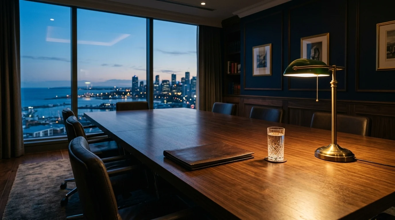 A quiet boardroom at dawn, walnut table and light softened by tall windows