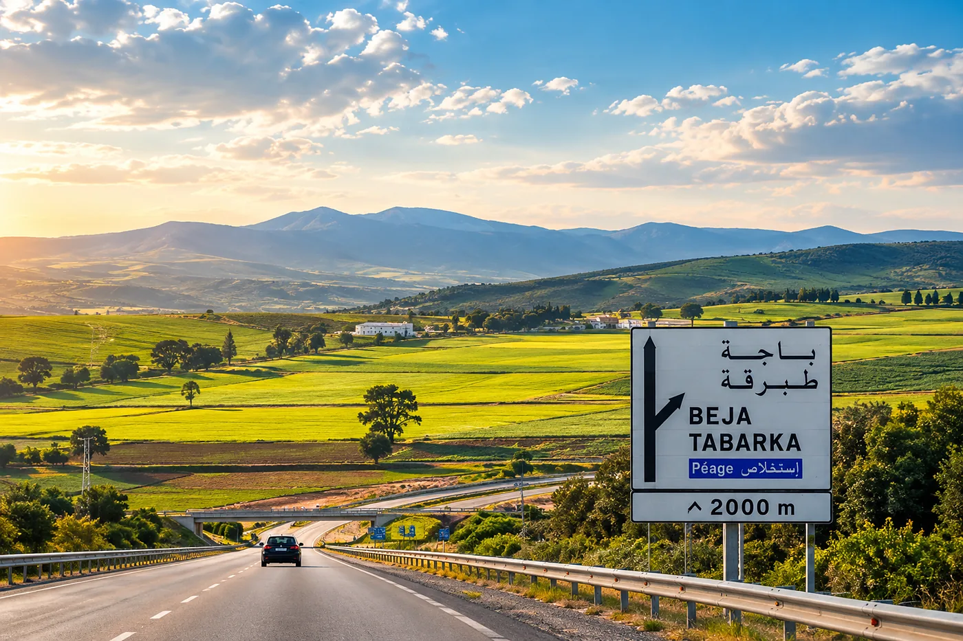 A Tunisian motorway running through farmland, with a sign for Beja and Tabarka