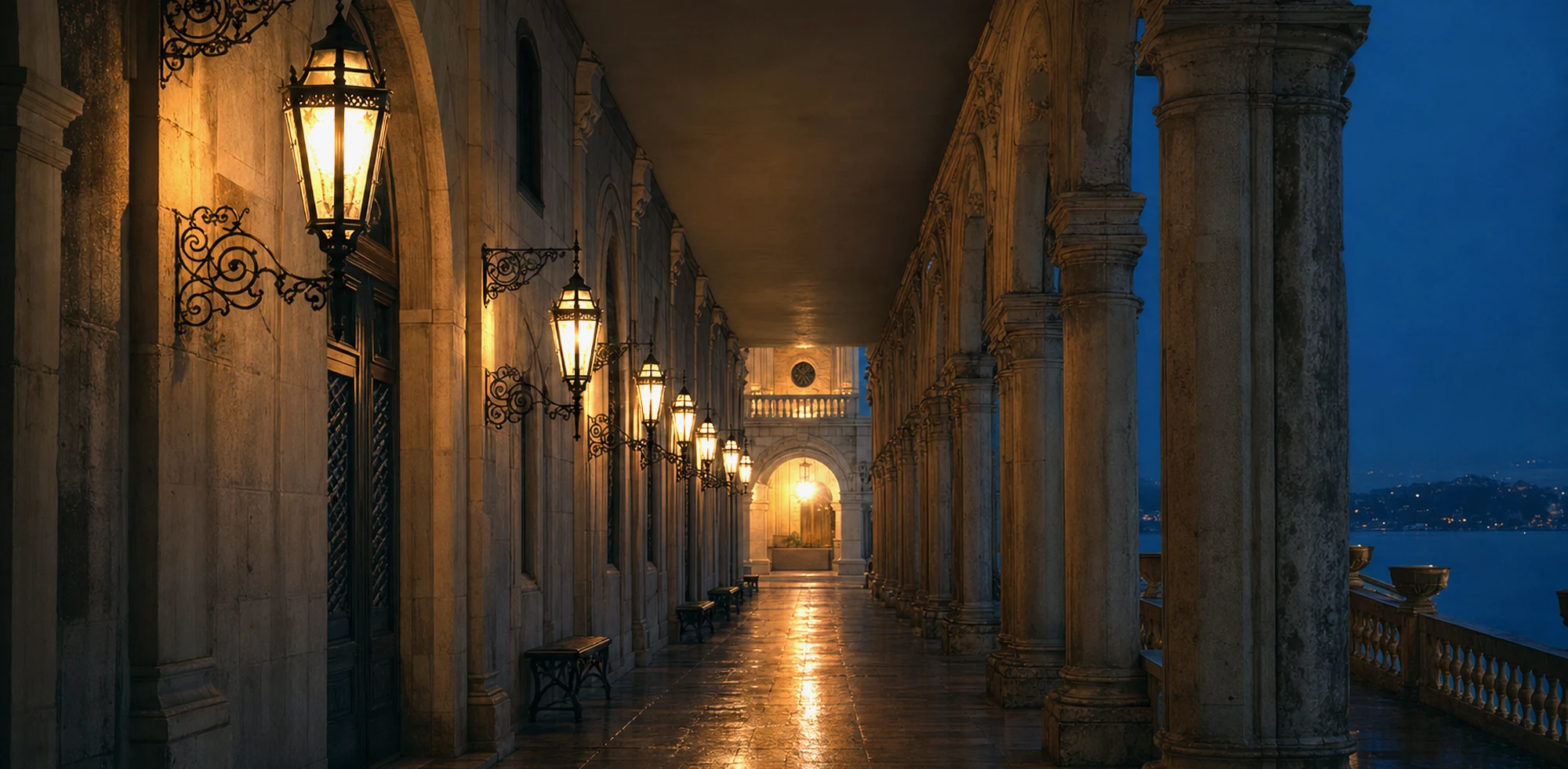 A lamplit stone colonnade at dusk