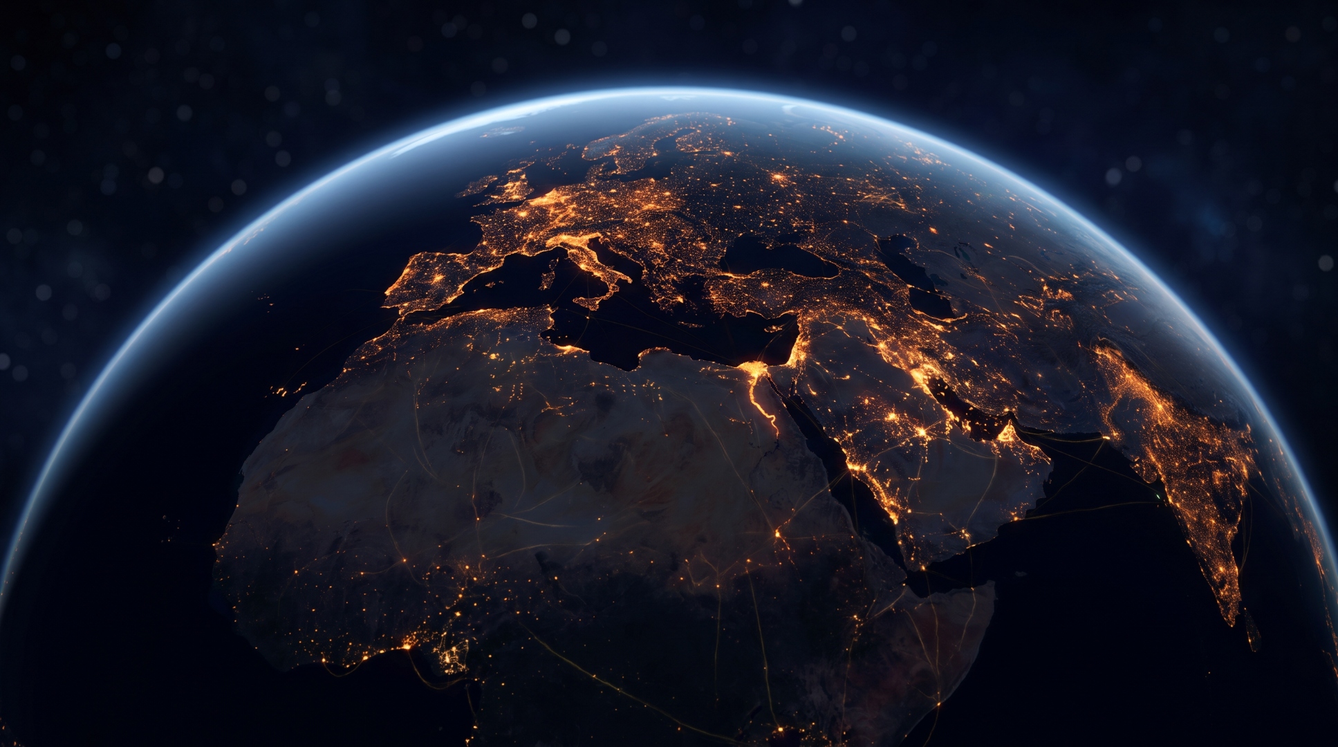 Earth from space at night, North Africa and the Mediterranean glowing with city lights