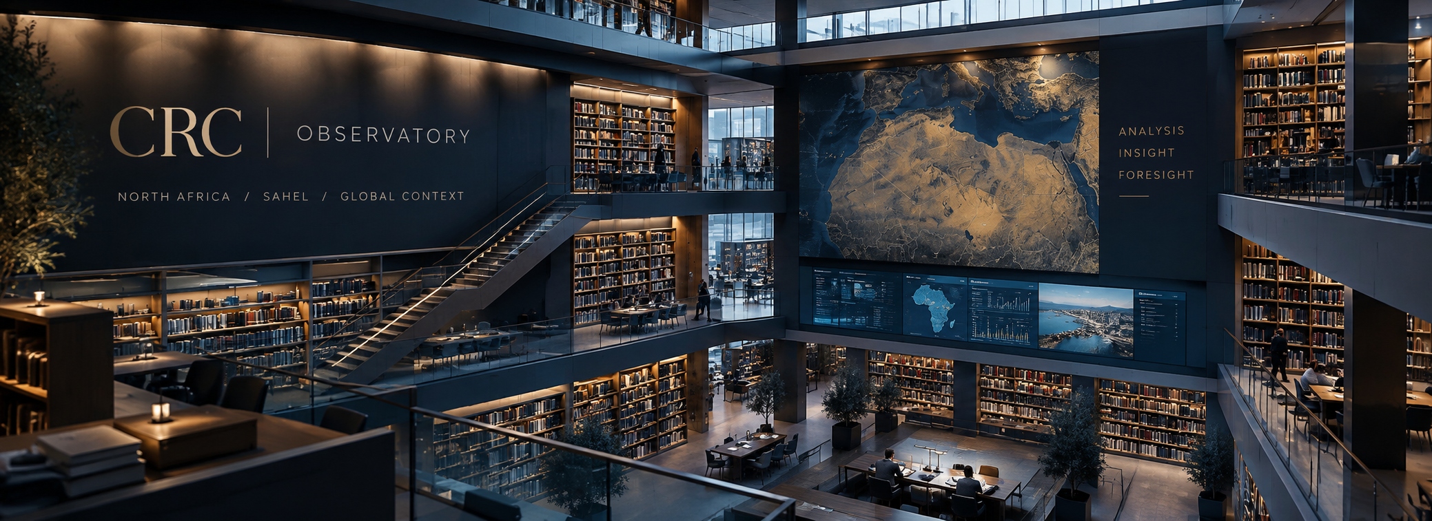 CRC Observatory reading room with a North Africa map wall and analyst workspaces